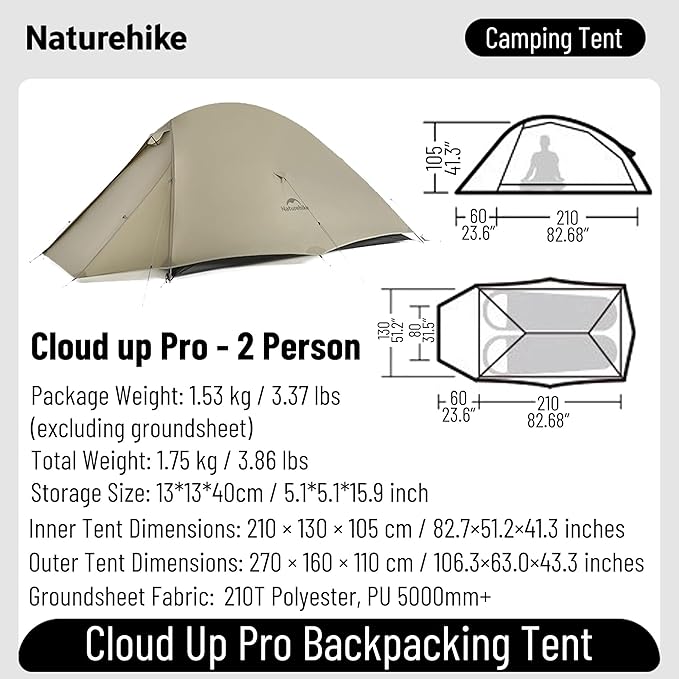 Naturehike Cloud up Pro Camping Tent, 1/2/3 Person Ultralight Tents, 3 Season Backpacking Tent, Waterproof for One Man, Self-Standing Easy Setup for Cycling, Outdoor Camp
