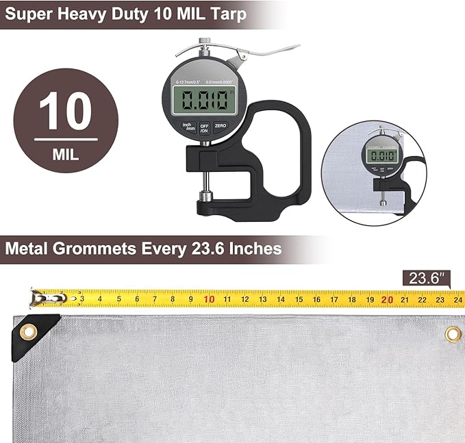 Tarp 8x10 Feet, 10 Mil Waterproof Tarps Heavy Duty with Grommets Every 23.6", Thick Plastic Tarp, UV Resistant Tear&Fade Resistant, Reinforced Edges for Outdoor Pool Camp Tent