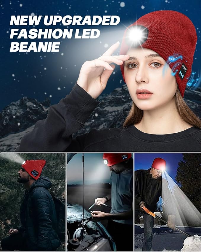 Bluetooth Beanie with Light, USB Rechargeable LED Headlamp Winter Hat, Men Women Valentine's Day Gifts