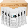 SOS Food Lab Emergency Water Pouches - 2 Gallons (62 Count, 4.2 Fl Oz Each) - Triple Purified, UV Sterilized Filtered Drinking Water for Disaster & Survival Kits - 5 Year Shelf Life, US Navy Approved