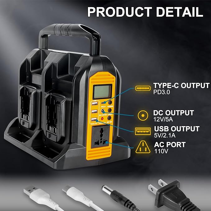 350W Power Inverter for Dewalt 20V 60V Li-ion Battery, 4-Port 20V to 120V Pure Sine Wave Inverter with LED Light, 3 USB-A Port, 1 USB-C Port, 1 DC Port, Power Station for Outdoor Camping (Tool Only)