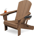KINGYES Folding Adirondack Chair with Dual Cup Holders - HDPE All-Weather Outdoor Chairs, Wood-Like Patio Chair for Backyard, Camping, Pool & Fire Pit, Brown
