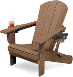 KINGYES Folding Adirondack Chair with Dual Cup Holders - HDPE All-Weather Outdoor Chairs, Wood-Like Patio Chair for Backyard, Camping, Pool & Fire Pit, Brown