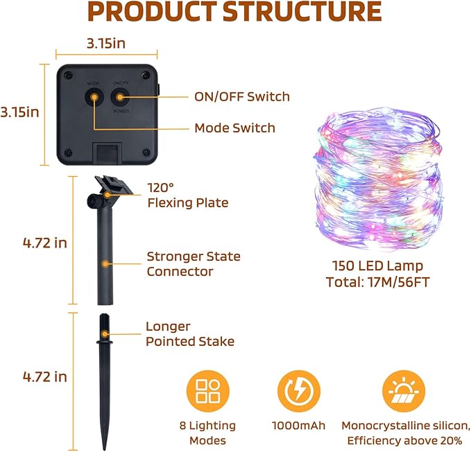 Solar String Lights Outdoor Waterproof, 4x56Ft 600LED 8 Modes Solar Powered Copper Fairy String Deck Twinkle Lights for Outside Christmas Party Yard Camping Holiday Decor 4Pack(Multicolor)