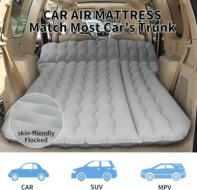 Car Air Mattress, Inflatable SUV Truck Camping Mattress for Back Seat, Thickened Travel Car Bed Sleeping Pad with Air Pump 2 Pillows (SUV-Grey, SUV Air Mattress)