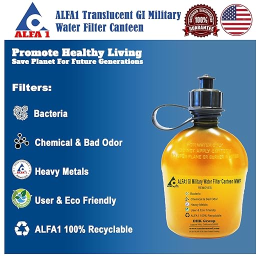 Translucent See-Thru Military Water Filter Canteen, OD Green, 1 Quart/32oz | Built-in Nano Filter | Improves Taste & Odor | Camping, Hiking, Backpacking, Outdoor & Travel