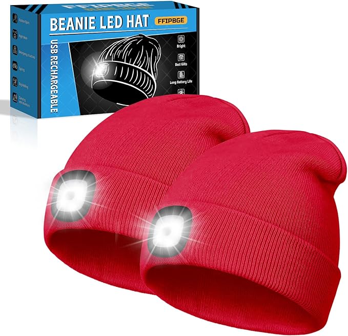 Beanie Hats with Light, USB Rechargeable LED Hand Free Headlamp, Birthday Gifts for Men, Women, and Teens, Ideal for Camping, Hiking, 2 Pack, Red