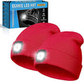 Beanie Hats with Light, USB Rechargeable LED Hand Free Headlamp, Birthday Gifts for Men, Women, and Teens, Ideal for Camping, Hiking, 2 Pack, Red