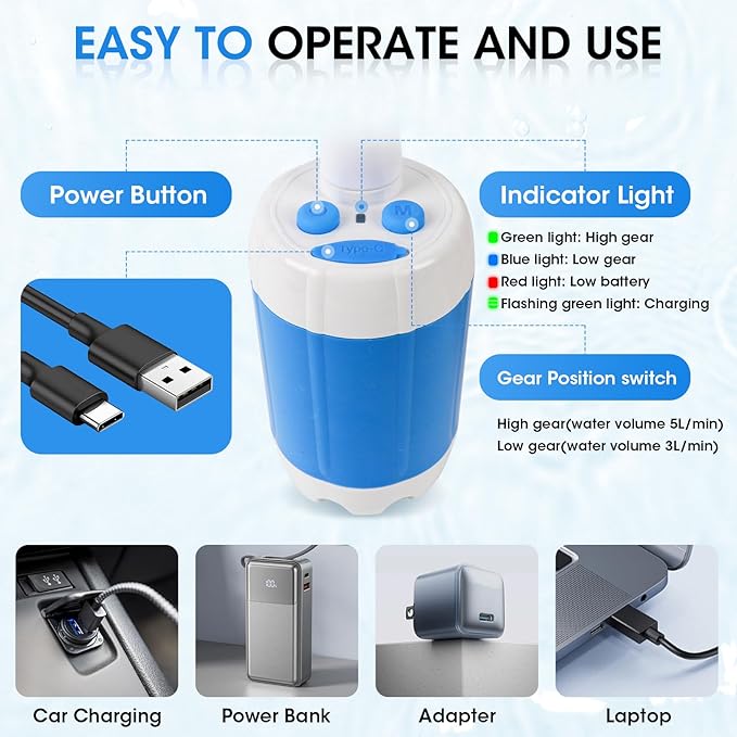 Portable Camping Shower, Outdoor Shower Kit with Pump, Hose, Spray Gun & Folding Bucket, Rechargeable Battery Powered Portable Shower for Camping, Hiking, Beach,RV,Pet Cleaning & Road Trips