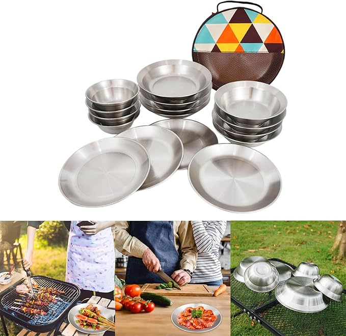 Set of 16 Stainless Steel Camping Plates Outdoor Dinnerware Barbecue Tableware Travel Friendly Meal Plate Cookwares Rusts Dinner Plates