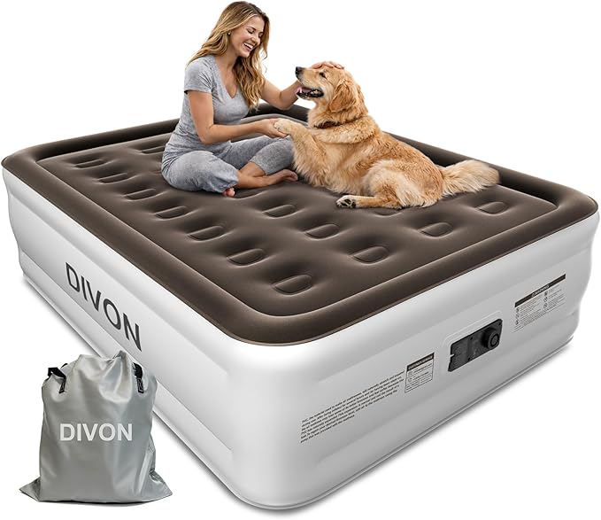 DIVON Full Air Mattress with Built in Pump Raised, 2 Min Self Inflatable Mattress, 18’’ Blow up Mattress for Adults, 660 LBS Portable Air Bed for Guest, Camping, Travel & Floor, Brown