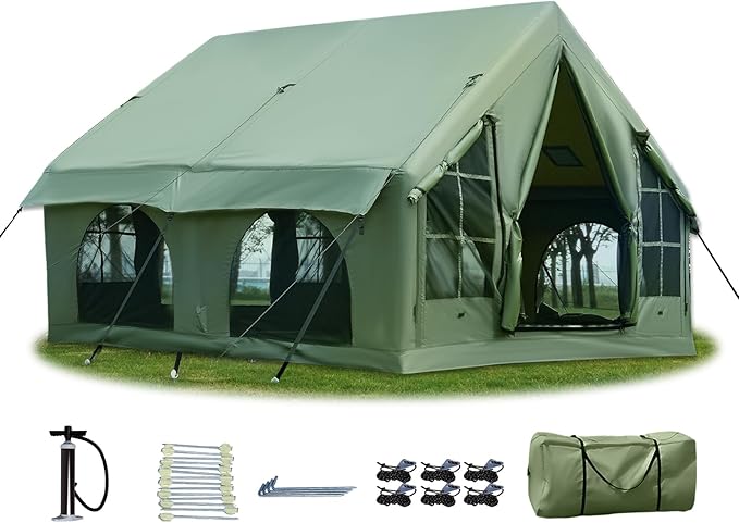 2025 Upgraded Waterproof Inflatable Camping Tent, Large Blow-Up Air Tent, No Assembly Needed Luxury Glamping House, Oxford Fabric