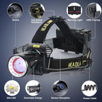 Aikertec Headlamp Rechargeable, Super Bright Headlamp for Adults, 7 Modes, Zoomable, IP68 Waterproof Head Flashlight for Camping Hunting Fishing (Batteries Included)