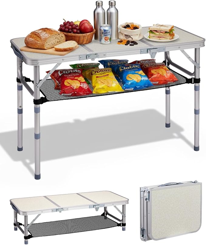 Outvita Folding Table, 3FT Aluminum Camping Table with Storage Adjustable Height Picnic Table Lightweight for Carring Outdoor Party Events Beach
