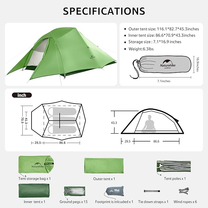 Naturehike Cloud Up 3 Person Backpacking Tent with Footprint - 3 Season Free Standing Lightweight 3 Person Camping Tent | with Footprint, Free Standing, Dome, Camping, Hiking, Waterproof