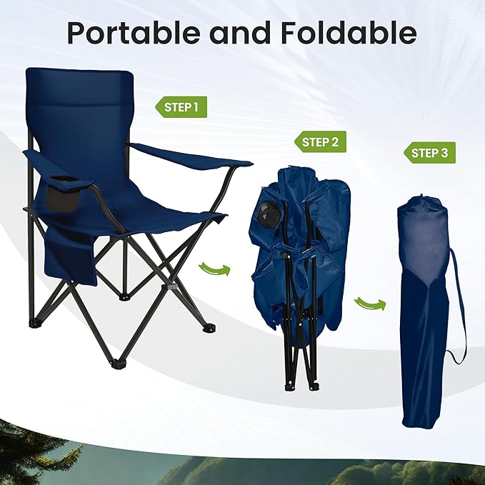 Portable Camping Chair 2 Pack, Folding Outdoor Chair with Cup Holder & Side Pocket for Camping (Navy Blue, 2 Pack)