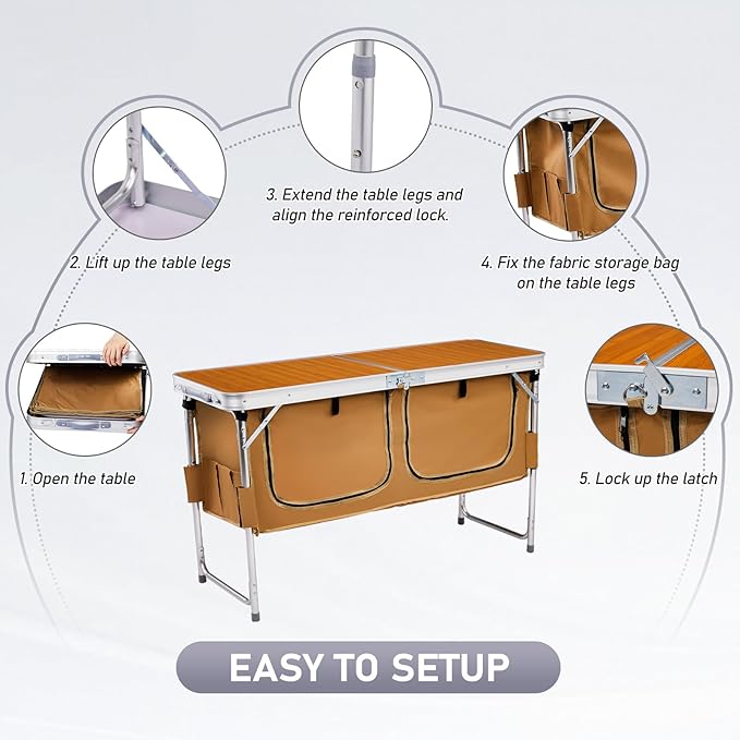 VINGLI 4 Ft Folding Table, Aluminum Camping Table, Picnic Table with Storage, Adjustable Height for Outdoor Beach BBQ Backyards Travel Party (Brown)