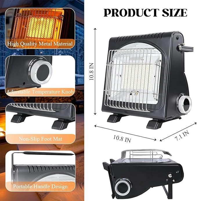 Upgraded 2 In 1 Portable Indoor Butane Heater & Stove with Self Ignition, Safe & Cordless Non Electric Heaters, Butane Emergency Heater for Power Outage, For Camping, Tents, Outdoor (New Black)