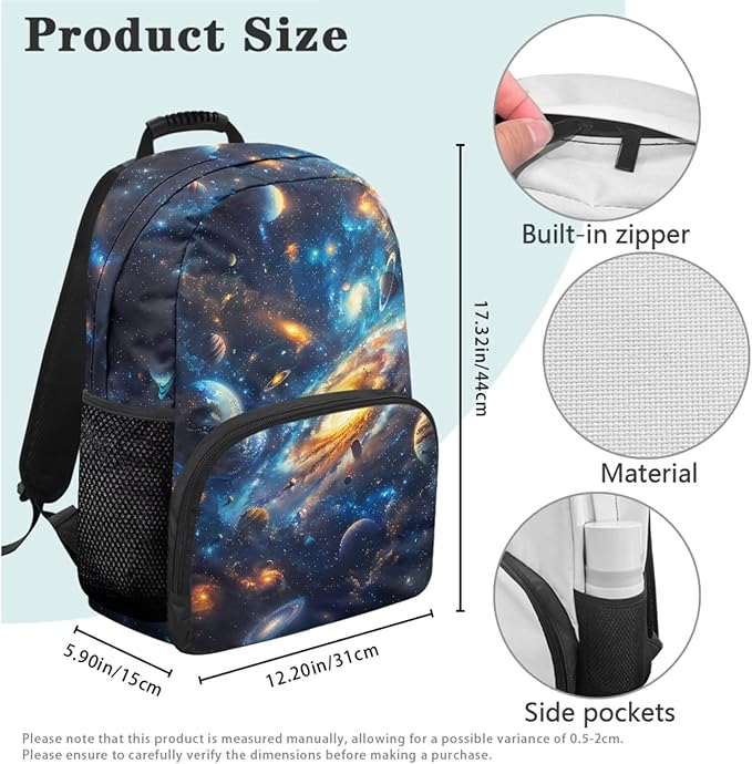 Space Backpack with Lunch Box Blue Bookbag Lightweight Practical Bookbag and Lunch Box Set for Boys 4pcs School Bags for Boys 10-12 Travel Daypack Outdoor Camping Outing