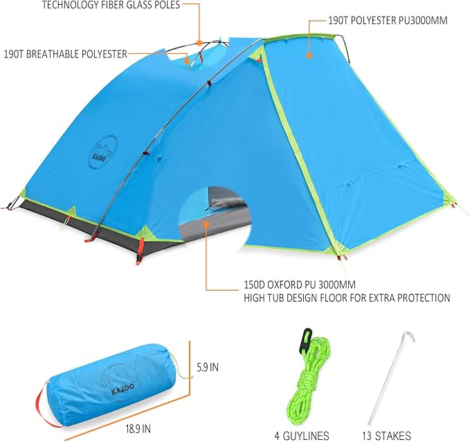KAZOO 2／4 Person Camping Tent Outdoor Waterproof Family Large Tents 2/4 People Easy Setup Tent with Porch Double Layer | Outdoor, Waterproof, Family, Large, Tents, Easy Setup