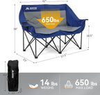 Double Camping Chairs Oversized Loveseat - 2 Person Camping Chair Portable Lawn Folding Chair for Outside Adults - Heavy Duty Outdoor Camping Couch with Cup Hold, Blue