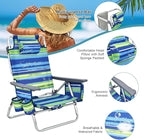 GYMAX Beach Chairs, Backpack Camping Chair with Armrest, Cooler Bag, Cup Holder, Towel Bar & Side Pockets, Sunbath Sling Tanning Lounge, Folding Layout Chair (4 Chairs Without Table, Blue Stripe)