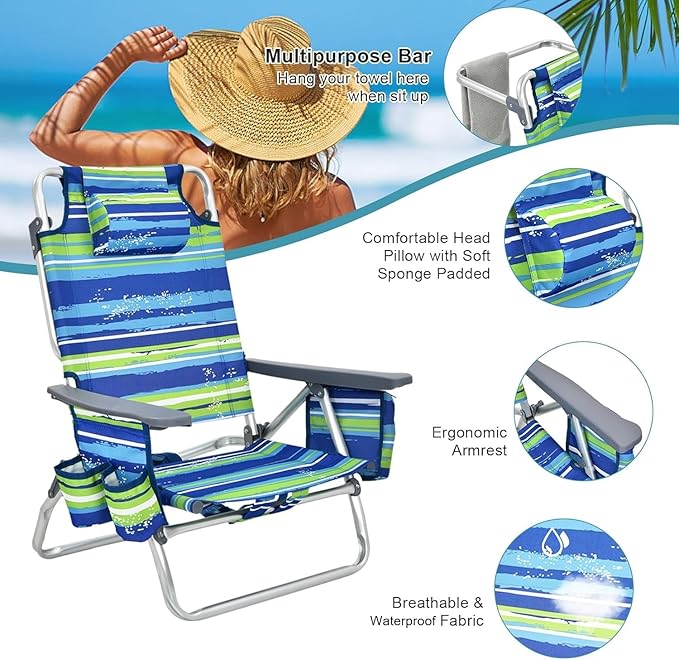 GYMAX Beach Chairs, Backpack Camping Chair with Armrest, Cooler Bag, Cup Holder, Towel Bar & Side Pockets, Sunbath Sling Tanning Lounge, Folding Layout Chair (4 Chairs Without Table, Blue Stripe)