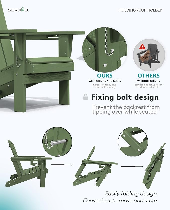 SERWALL Adirondack Chair with Cup Holders - Composite Adirondack Chairs Set of 6 HDPE Outdoor Chairs All Weather Use- Avocado