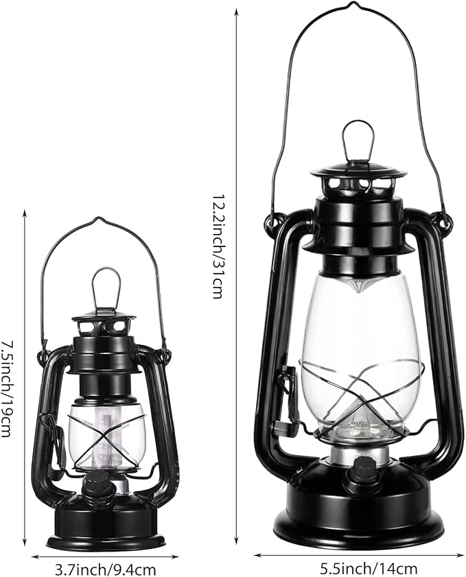 Hortsun 2 Pcs 12 Inch Vintage LED Hurricane Lantern Metal Black Outdoor Battery Operated Hanging Lantern with Warm LEDs and Dimmer Switch for Indoor Rustic Farmhouse Country Camping Decor