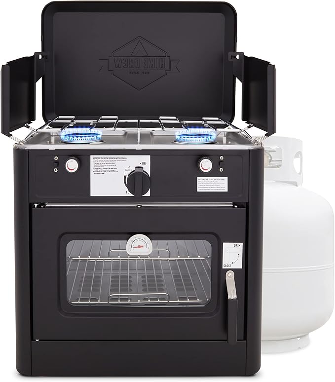 Hike Crew Outdoor Gas Camping Oven w/Carry Bag | CSA Approved Portable Propane-Powered 2-Burner Stove & Auto Ignition, Overheat Safety Shutoff, Built-In Thermometer Hose Regulator Included