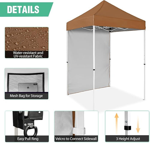 5x5 Pop Up Canopy Tent with One Sidewall, Instant Portable Beach Canopy, Outdoor Tent with Carry Bag for Camping, Sports, Tailgating, Events, Khaki