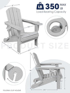 KINGYES Folding Adirondack Chair Set of 4, Dual Cup Holders & All-Weather HDPE, Wood-Like Patio Chair for Backyard, Camping, Pool & Fire Pit, Silver Grey