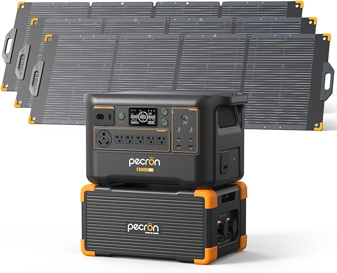 Pecron Portable Power Station F3000LFP with 3840Wh Extra Battery, 200W Solar Panel*3, 3072Wh Solar Camping Generator, 3600W Solar Generator for RV, Home Use, CPAP