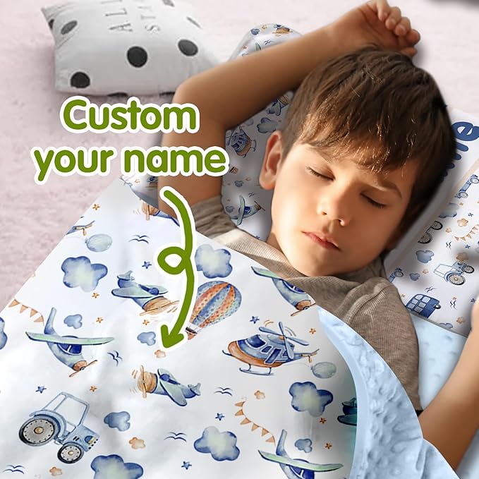 Personalized Toddler Nap Mat for Preschool, Custom Name Kids Sleeping Bag for Daycare, Kindergarten Roll Up Sleeping Mat with Removable Pillow and Soft Blanket, Fun Themes for Boys & Girls