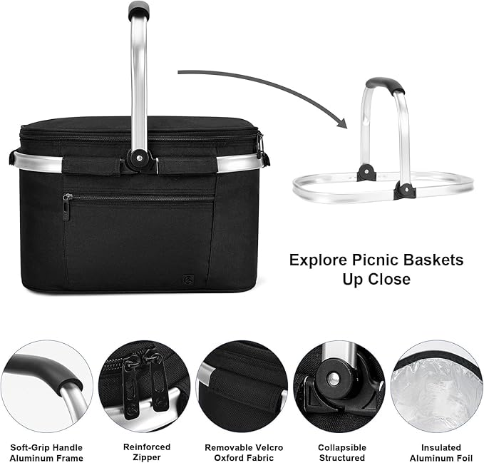ALLCAMP Picnic Basket - Insulated Cooler, Thickening Foldable Picnic Basket with Removable Baskets & Sewn-in Frame, Basket for House Warming Gifts New Home(Jet Black)