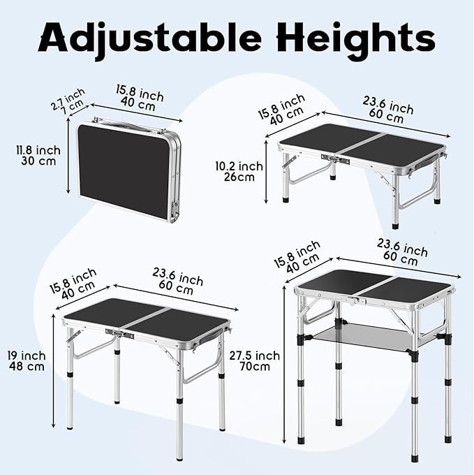 Small Folding Table, Aluminum 24" x 16" Adjustable Height Max 27.5" Folding Camping Table with Carrying Handle, Lightweight, Portable Camp Table for Outdoor Indoor Picnic Beach, Black