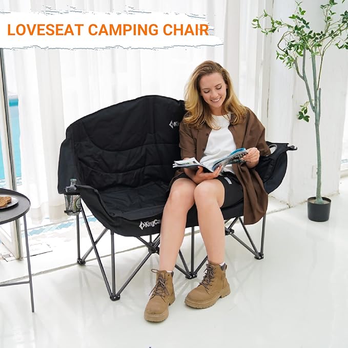 KingCamp Double Camping Chair, Oversized Heavy Duty 550lbs Loveseat for Adults Portable Folding XL 2 Person Couch Padded Comfortable Two Seat with Cup Holder for Outdoor Lawn Backyard, Black