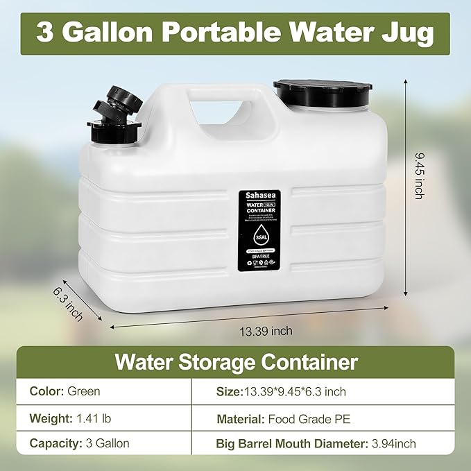 3 Gallon Water Jug, Portable Camping Water Jug BPA Free, Leak-Proof Water Storage Containers for Camping, Emergency Water Storage for Outdoor Hiking Picnic, White