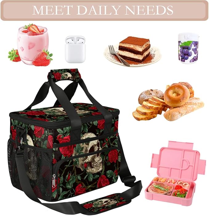 Gothic Skull Rose Flower Soft Cooler Bag Insulated Lunch Box for Men & Women, Large Leakproof Lunch Bag Portable Beach Cooler for Work, Picnic, Road Trips,Fishing, Travel, Camping,A-8