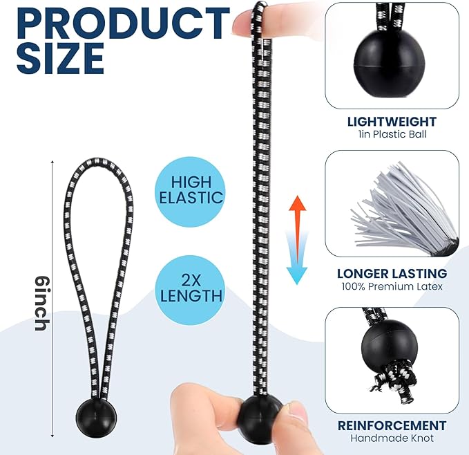 100 Pcs 6 Inch Ball Bungee Cords Tarp Tie Downs Bungee Cords with Balls Heavy Duty Outdoor Tarp Straps for Canopy Shelter Camping Cargo Tent Poles UV Resistant (Black White)