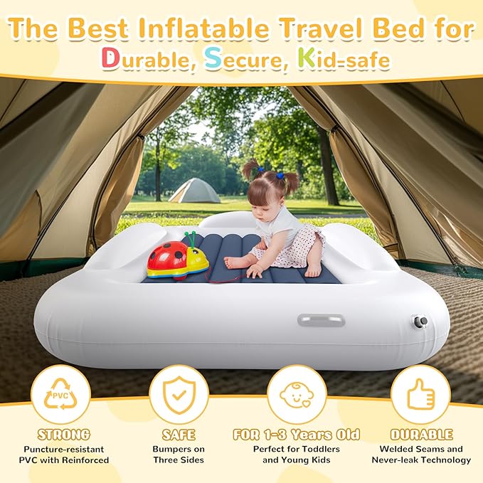 Inflatable Toddler Travel Bed - Portable Toddler Kids Travel Bed with Safety Sides Complete Kids Air Mattress Set with High-Speed Pump, Ideal for Vacation Camping and Sleepover (60 Inches)