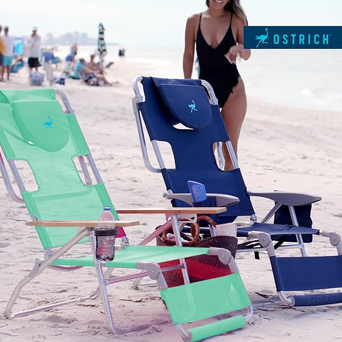 Ostrich Deluxe Padded 3-N-1 Lightweight Portable Adjustable Outdoor Folding Chair for Lawn Beach Lake Camping Lounge with Footrest, Teal (4 Pack)