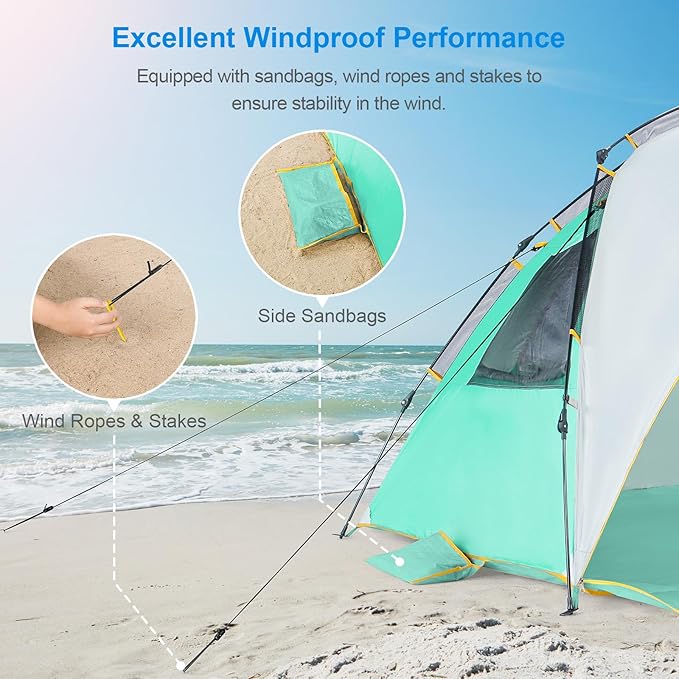 Wolfwise Instant Beach Tent Sun Shelter with Zippered Extendable Porch for Privacy, Portable Beach Tents with Carrying Bag, Easy Setup Pop up Beach Shade for 6-7 Person, 110 x57x57 in, Mint Green