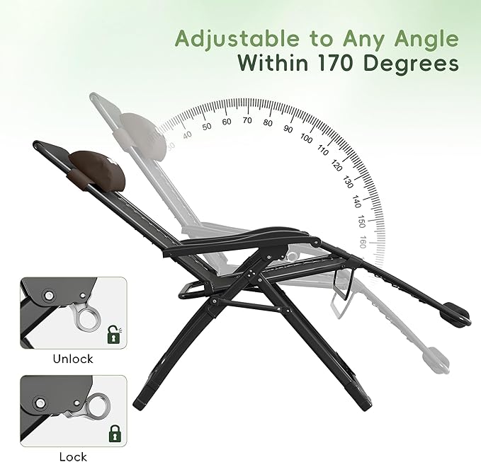 Amopatio Oversized Zero Gravity Chair, 29''W Reclining Camping Lounge Chair Upgraded Lock and Footrest, Folding Patio Recliner with Cup Holder, Removable Cushion & Headrest