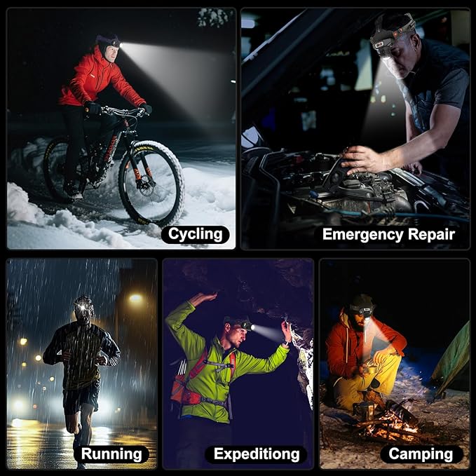 LED Headlamp Rechargeable, 3000 Lumens Head Lamp Battery Power | 9 Modes | 72H Long Battery Life | Motion Sensor | Red Light | IP65 Waterproof | 90° Adjustable Headlight for Hardhat, Camping, Hiking