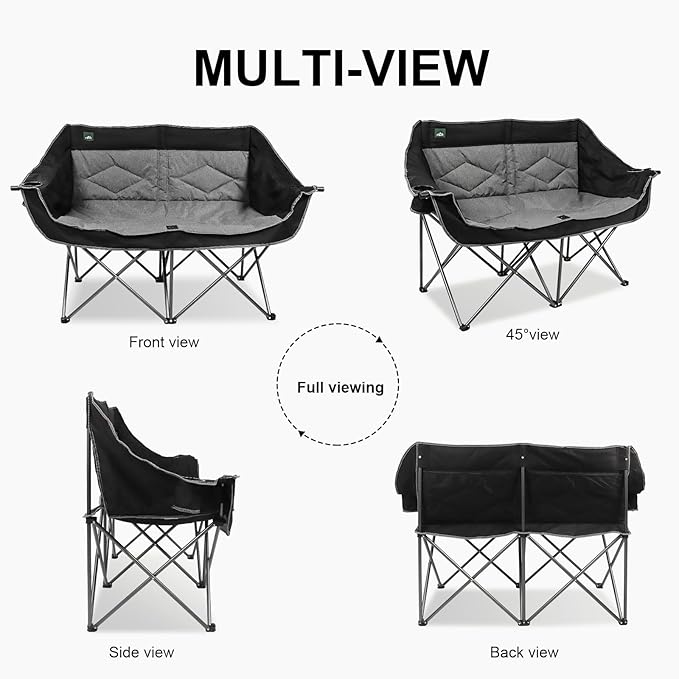 Northroad Folding Loveseat Camping Chair Portable Double Duo Full Padded Garden Chair for 2 Person Sofa w/ 2 Cup Holder,Wine Glass Holder,Mesh Storage,Support 500lbs for Picnic Beach Travel