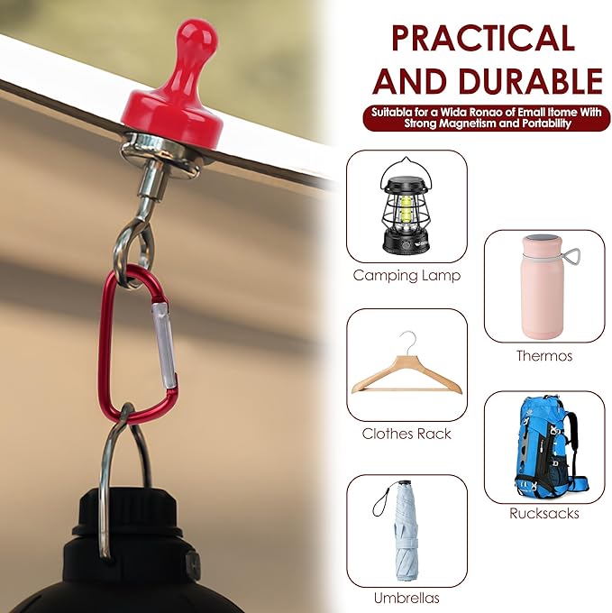4Pcs Heavy Duty Magnetic Hooks - Aluminum Alloy Camping Hooks with Adjustable Carabiner and Loop for Outdoor Hanging, Tent Accessories (Red)