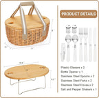 STBoo Picnic Basket for 2 - Wicker Basket Set with Wine Table | Handmade Willow Basket with Insulated Cooler Bag for Outdoor Camping, Great Gifts for Wedding, Birthday (Beige)