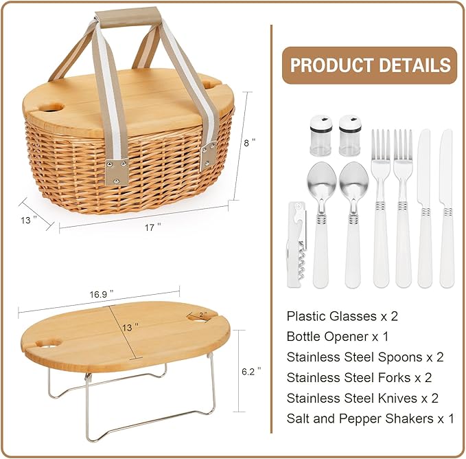 STBoo Picnic Basket for 2 - Wicker Basket Set with Wine Table | Handmade Willow Basket with Insulated Cooler Bag for Outdoor Camping, Great Gifts for Wedding, Birthday (Beige)