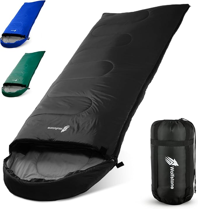 Wolfstone Sleeping Bags for Adults - 3 Season Sleeping Bags with Lightweight Compression Sack for Hiking & Camping - Anti-Snag Zipper, Tear-Resistant Shell & Breathable Lining in Black, Blue or Green
